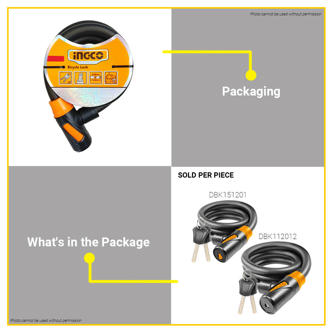 INGCO 15mm/20mm Bicycle Lock with Keys 1200mm Anti-Theft PVC Coated St ...