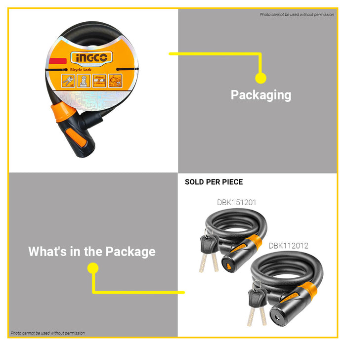 INGCO 15mm/20mm Bicycle Lock with Keys 1200mm Anti-Theft PVC Coated Steel Keyed Security Cable Lock For Motor Bike Gate Outdoor Use - HT2