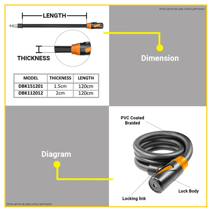 INGCO 15mm/20mm Bicycle Lock with Keys 1200mm Anti-Theft PVC Coated Steel Keyed Security Cable Lock For Motor Bike Gate Outdoor Use - HT2