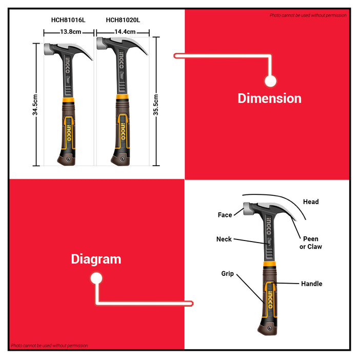 INGCO 160z/20oz Heavy Duty Claw Hammer with Magnetic Nail Holder Drop-Forged Nail Driving Hammer For Construction and DIY Hand Tools SOLD PER PIECE - HT2