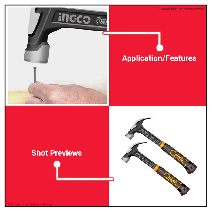 INGCO 160z/20oz Heavy Duty Claw Hammer with Magnetic Nail Holder Drop-Forged Nail Driving Hammer For Construction and DIY Hand Tools SOLD PER PIECE - HT2