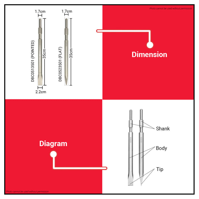 BUILDMATE Ingco Hex Chisel 17x350mm Flat / Pointed Hex Breaker Concrete Masonry Demolition & Chiseling Tool - IHT