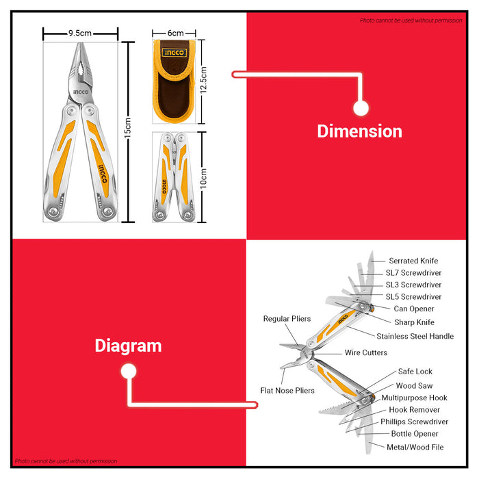 BUILDMATE Ingco Foldable Multi-Function Tool 15 Tools w/ POUCH Pliers Cutter Driver HFMFT0115 • IHT