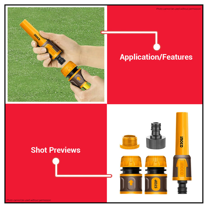 INGCO 5PCS Twist Nozzle Gun Garden Hose Spray Set HHCS05122 •BUILDMATE• IHT