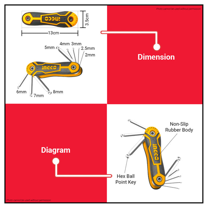 INGCO Ball Point Hex Key Cr-V HHK14082 •BUILDMATE• IHT