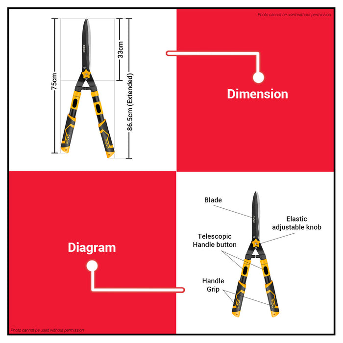 INGCO 710mm-860mm Telescopic Hedge Shears Extendable Garden Hedge Clippers HHS6306 - IHT