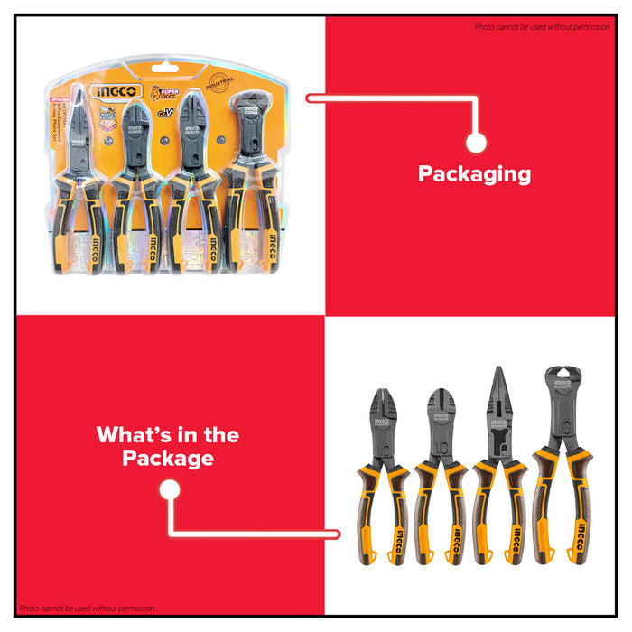 INGCO 4pcs Heavy Duty Compound Action Pliers Set Cr-V Teflon Coated Grip Pliers For Cutting & Gripping HKCPS5841 - IHT