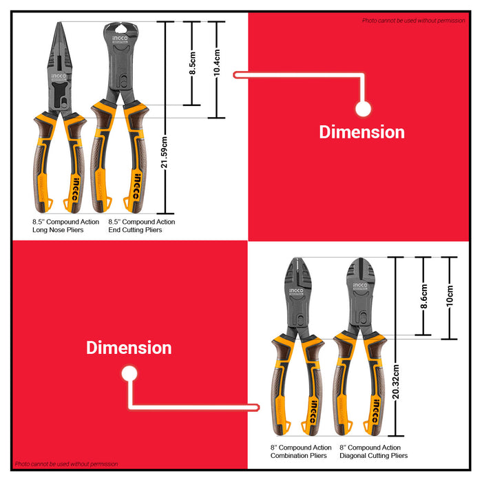INGCO 4pcs Heavy Duty Compound Action Pliers Set Cr-V Teflon Coated Grip Pliers For Cutting & Gripping HKCPS5841 - IHT