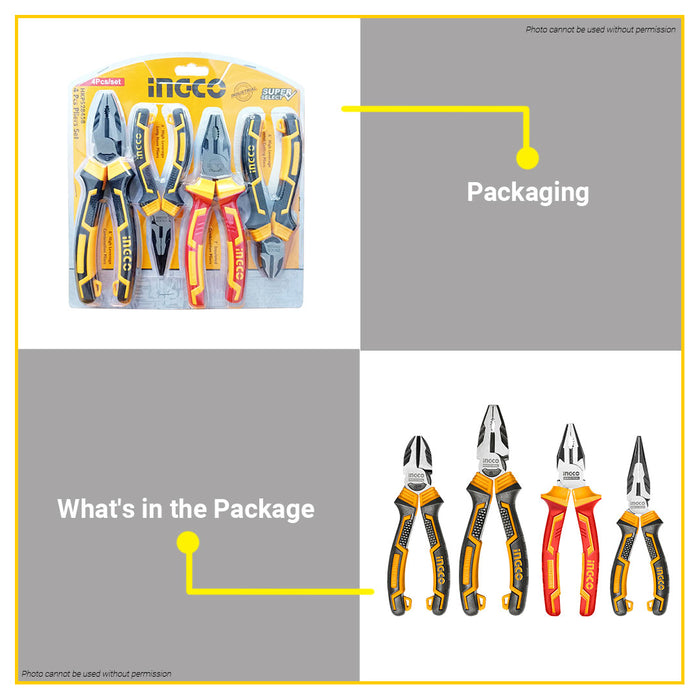 BUILDMATE Ingco 4PCS Pliers Set 7" Inch Insulated Combination Pliers and 6" - 8" Inch High Leverage Combination, Diagonal Cutting, Long Nose Plier HKPS28458 - IHT