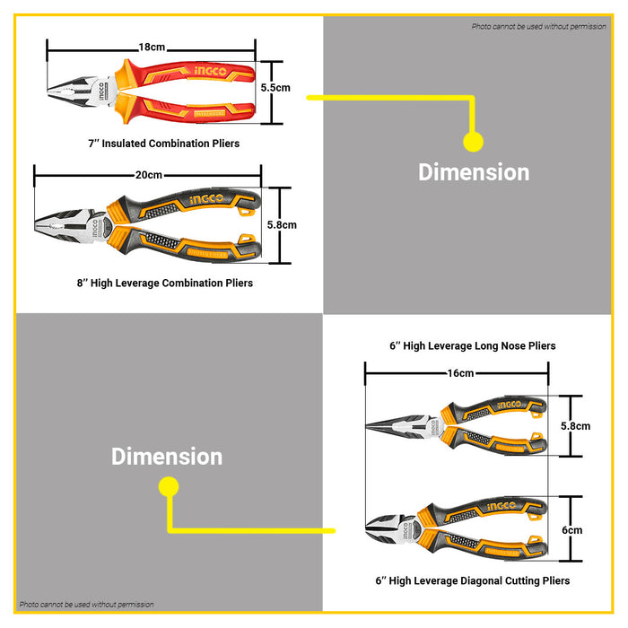 BUILDMATE Ingco 4PCS Pliers Set 7" Inch Insulated Combination Pliers and 6" - 8" Inch High Leverage Combination, Diagonal Cutting, Long Nose Plier HKPS28458 - IHT