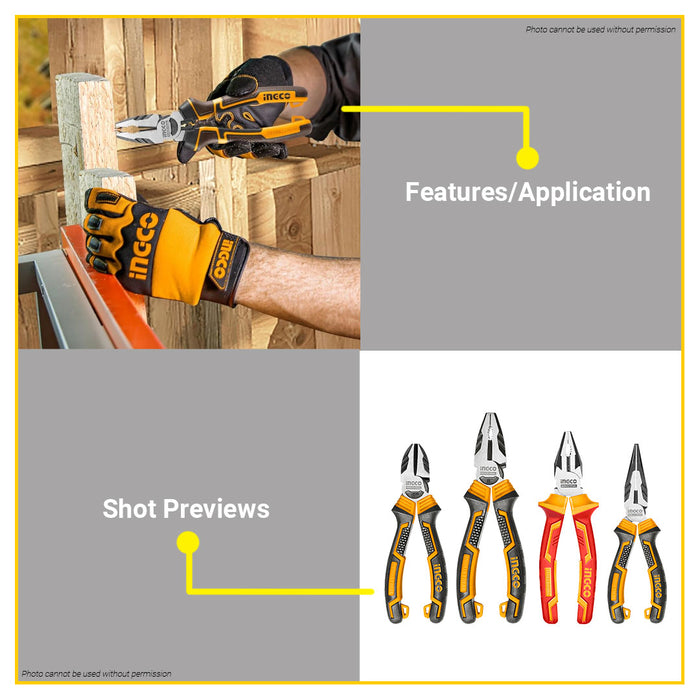 BUILDMATE Ingco 4PCS Pliers Set 7" Inch Insulated Combination Pliers and 6" - 8" Inch High Leverage Combination, Diagonal Cutting, Long Nose Plier HKPS28458 - IHT