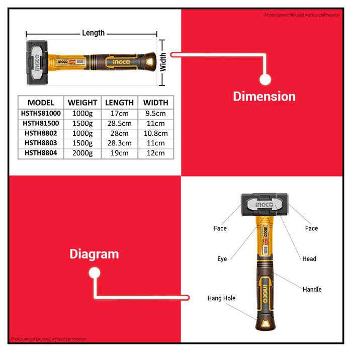 INGCO 1500g Heavy Duty Stoning Hammer Forged Stone Mason Hammer with Fiberglass Handle For Masonry, Demolition & Construction - IHT