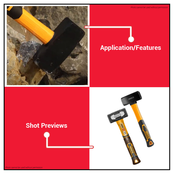 INGCO 1500g Heavy Duty Stoning Hammer Forged Stone Mason Hammer with Fiberglass Handle For Masonry, Demolition & Construction - IHT