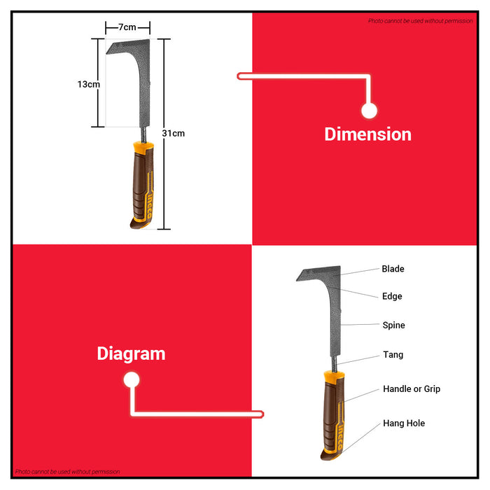 INGCO Carbon Steel Grass Weed Knife with Carbon Steel Handle 310mm HWK1008 •BUILDMATE• IHT