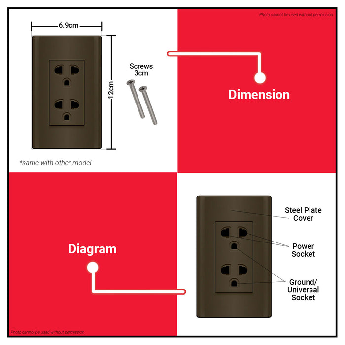 BUILDMATE Royu Plano Outlet Set Wide Series Dark Gray 250V Polycarbonate Electrical Wall Plug Socket UV Resistant & Flame Retardant Outlets