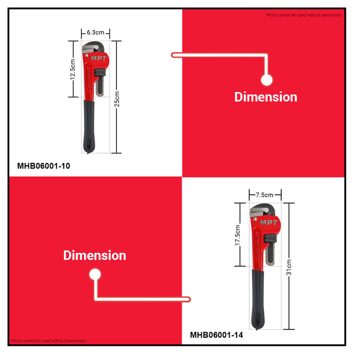 Buildmate x MPT Pipe Wrench 10" | 14" Heavy Duty Adjustable Steel Hand Tool MHB06001-10 | MHB06001-1