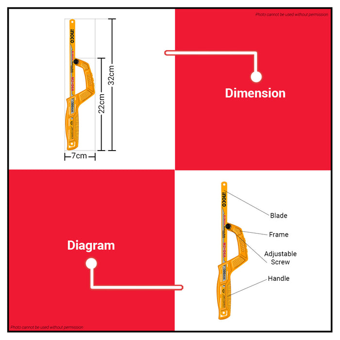 BUILDMATE Ingco Mini Hacksaw Frame with 12" Inch M2+D6A Bi-Metal Blade MHHF1504 - IHT