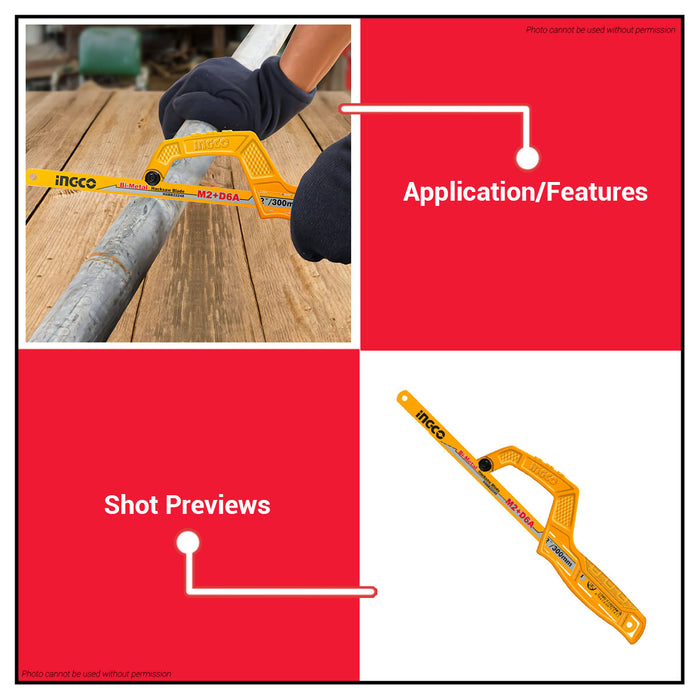 BUILDMATE Ingco Mini Hacksaw Frame with 12" Inch M2+D6A Bi-Metal Blade MHHF1504 - IHT