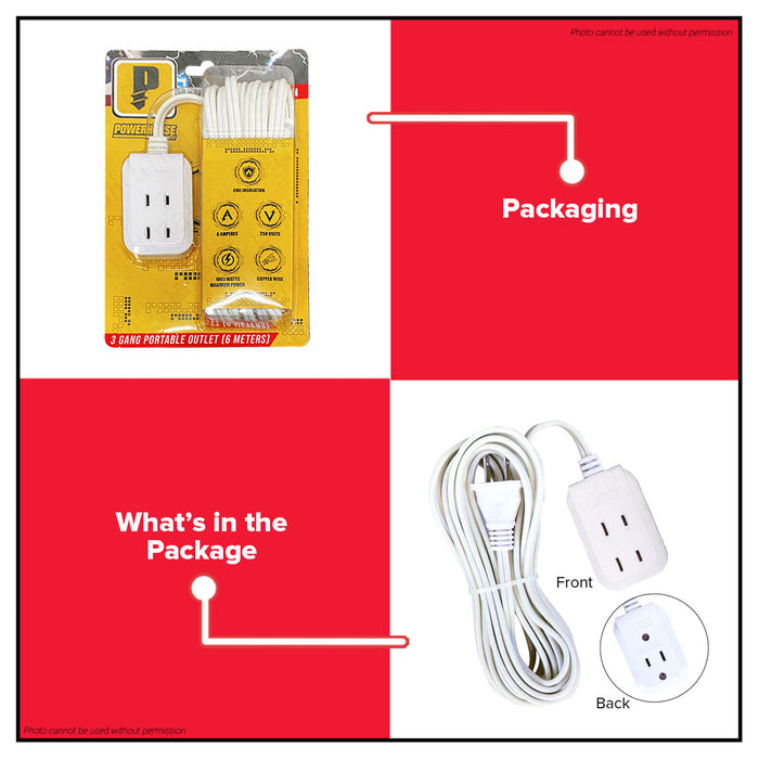 POWERHOUSE Electric 6 Meters 3 Gang Extension Cord Portable Socket Outlet Flat Pin PHEC-100-6M  PWTA