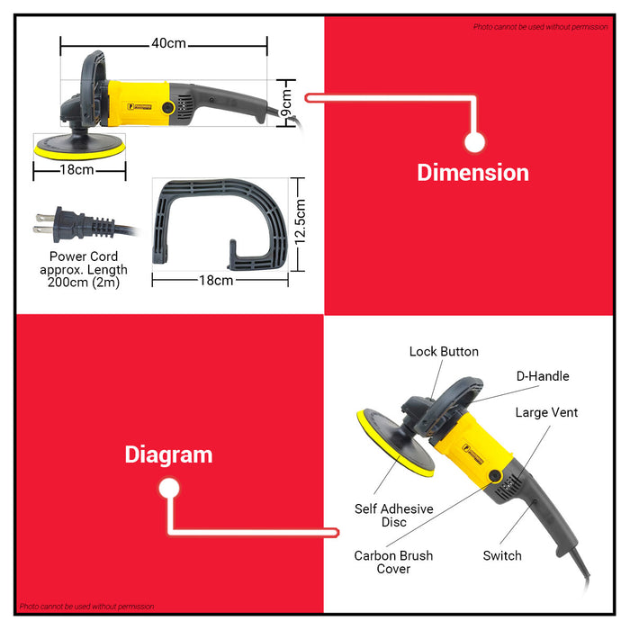 PowerHouse Electric Polisher 1400W 180mm for Car Detailing & Buffing PH-P1800MM PHPT