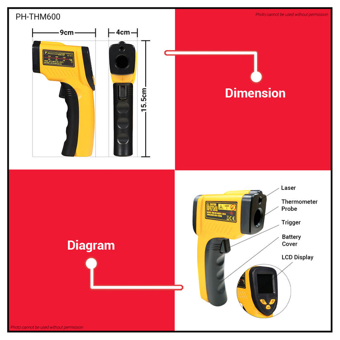 POWERHOUSE Laser Infrared Thermometer with Alarm PH-THM600 PHHT