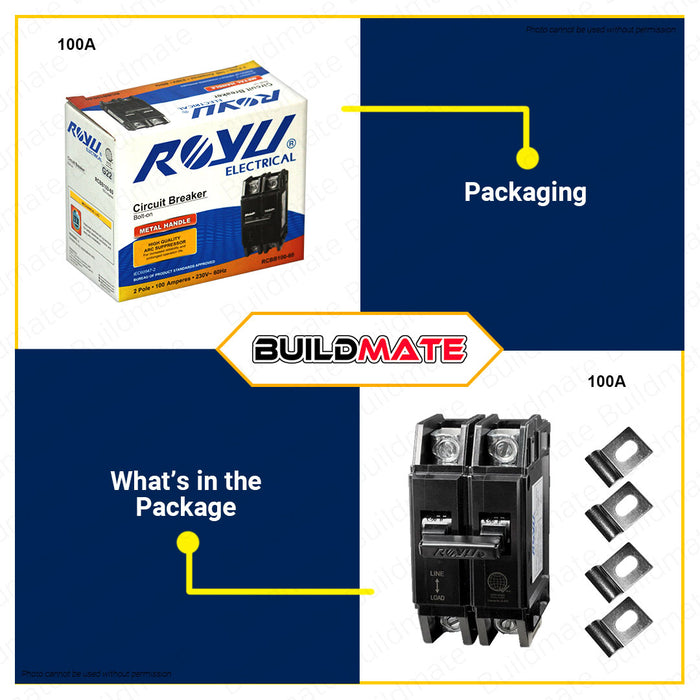 BUILDMATE Royu Mini Circuit Breaker Bolt-On Type Screw Terminal 2 Pole 15A | 20A | 30A | 40A | 60A | 100A [SOLD PER PIECE] Electrical Safety Breaker Safety Circuit Breaker Electrical Outlet Cover Electrical Circuit Safety •
