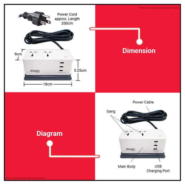 BUILDMATE Royu Desk Extension Cord With 3 USB 2 Gang Outlet and Phone Holder Electric Power Strip Universal Outlet Socket Surge Protector REDEC432W