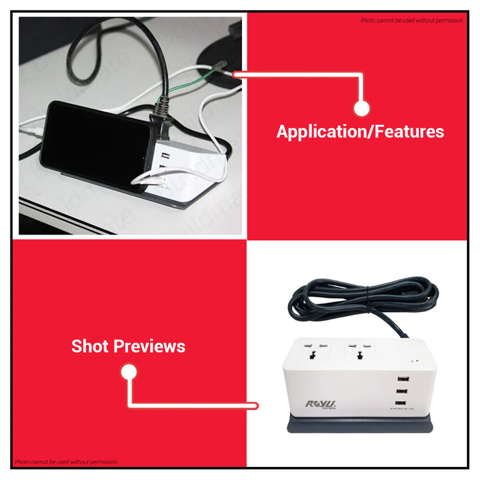 BUILDMATE Royu Desk Extension Cord With 3 USB 2 Gang Outlet and Phone Holder Electric Power Strip Universal Outlet Socket Surge Protector REDEC432W