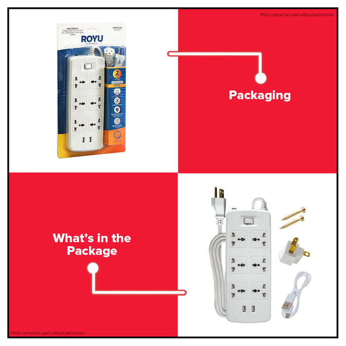 ROYU 6 GANG Extension Cord with 1 Main Switch & 2USB Port Power Strip REDEC626 •BUILDMATE•