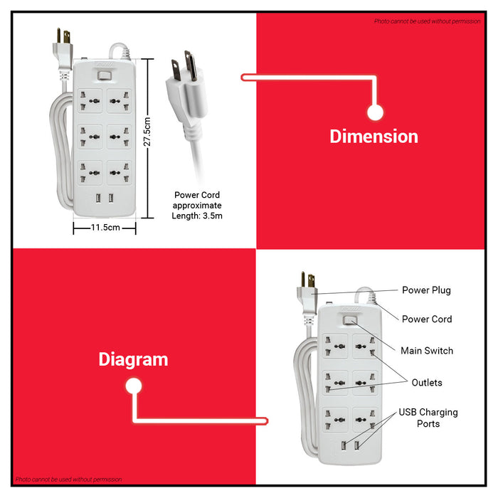 ROYU 6 GANG Extension Cord with 1 Main Switch & 2USB Port Power Strip REDEC626 •BUILDMATE•