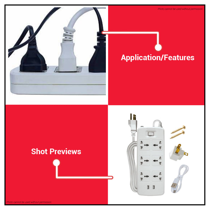 ROYU 6 GANG Extension Cord with 1 Main Switch & 2USB Port Power Strip REDEC626 •BUILDMATE•