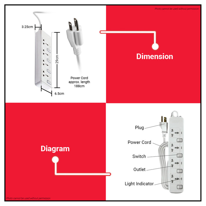 ROYU 4 GANG Extension Cord with Individual Switches Power Strip REDEC704 •BUILDMATE•