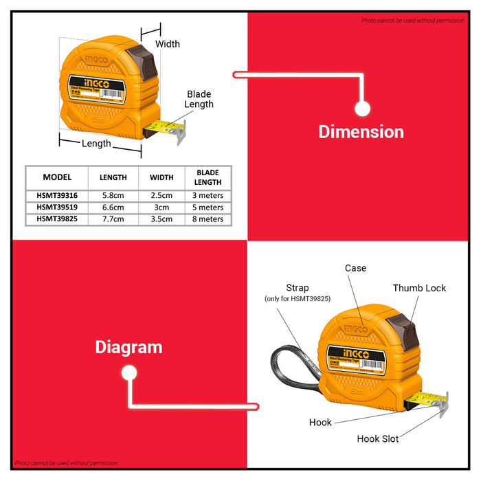 INGCO Steel Measuring Tape 3M | 5M | 8M With Metric And Inch One Button SUPER SELECT [SOLD PER PIECE]•BUILDMATE• HT2