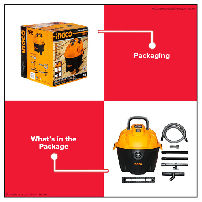 INGCO 1200W Wet & Dry Vacuum Cleaner 12L Capacity Household Floor Cleaning Tools Wet/Dry Vacuum Cleaner VC12121 •BUILDMATE• IPT