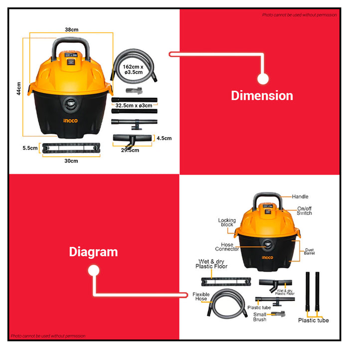 INGCO 1200W Wet & Dry Vacuum Cleaner 12L Capacity Household Floor Cleaning Tools Wet/Dry Vacuum Cleaner VC12121 •BUILDMATE• IPT