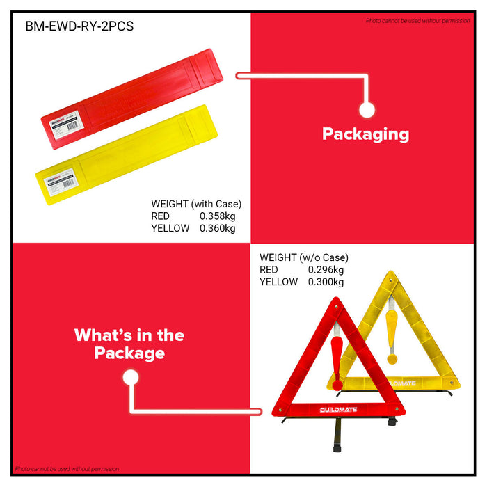 BUILDMATE Brand / SHIMARU / PROMAN 2PCS/SET Reflective Triangle EWD Early Warning Device Red & Yellow Hazard Security Vehicle Roadside Safety Emergency Triangle Signage