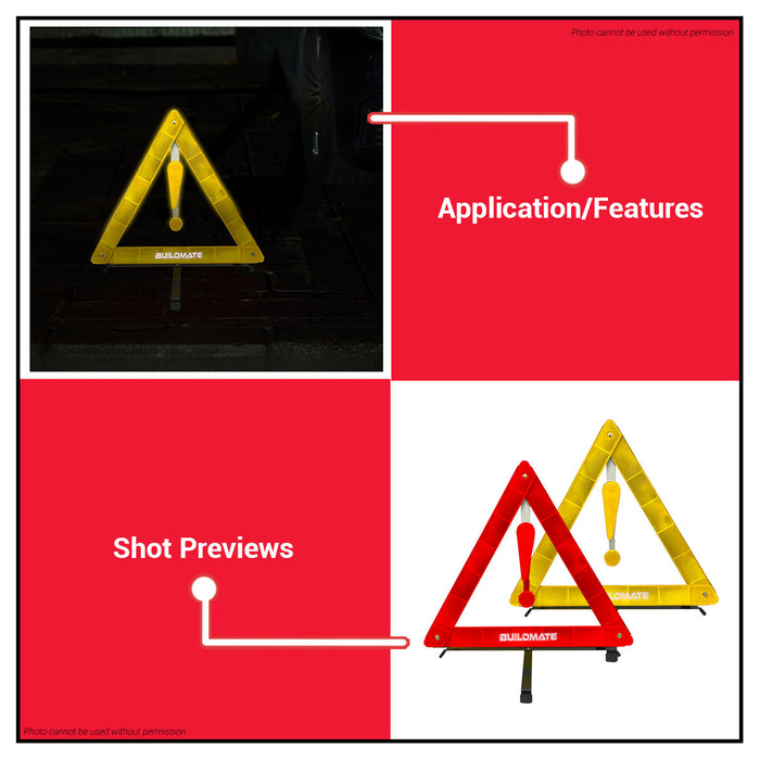 BUILDMATE Brand / SHIMARU / PROMAN 2PCS/SET Reflective Triangle EWD Early Warning Device Red & Yellow Hazard Security Vehicle Roadside Safety Emergency Triangle Signage