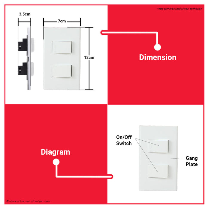 LIGHTHOUSE Electric 2 Gang Plate w/ One Way Switch 120mm x 70mm 250V-10A LHWD-200-P2 •BUILDMATE