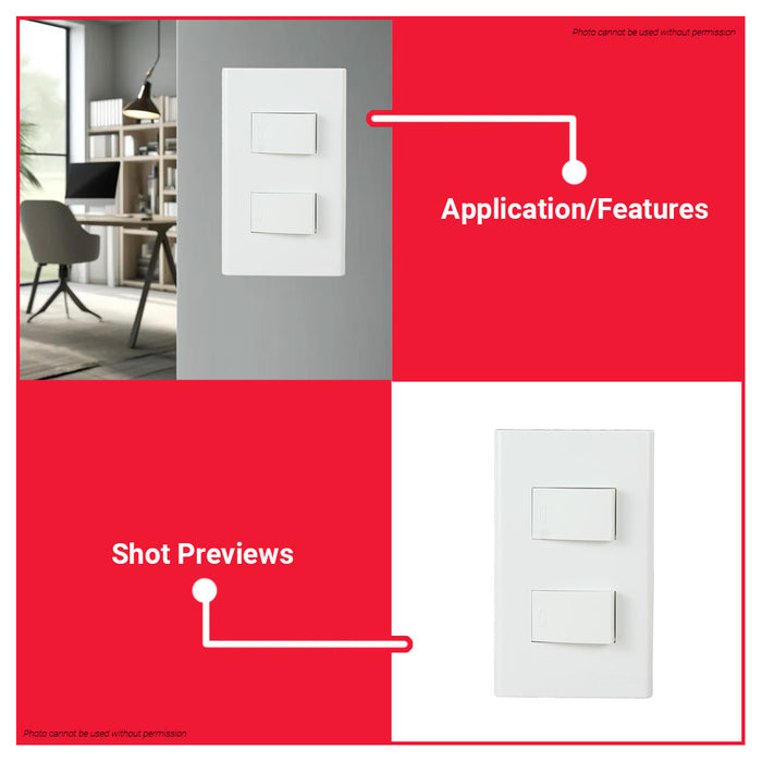 LIGHTHOUSE Electric 2 Gang Plate w/ One Way Switch 120mm x 70mm 250V-10A LHWD-200-P2 •BUILDMATE