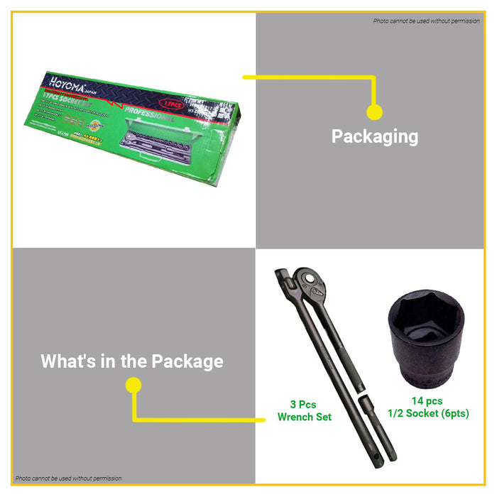 BUILDMATE Hoyoma 17pcs Drive Socket Set 6pt / 12pt Auto Repair Ratchet Drive Wrench Mechanic Tool Set Kit - HYMHT