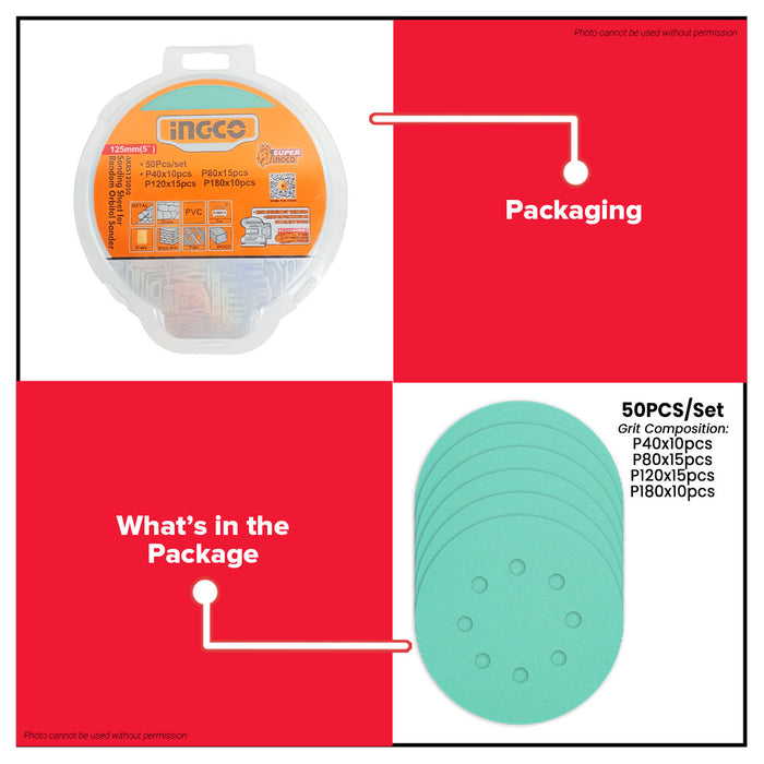 INGCO 125mm Sanding Sheet for Orbital Sander 50pcs/set AKRS125050 IHT