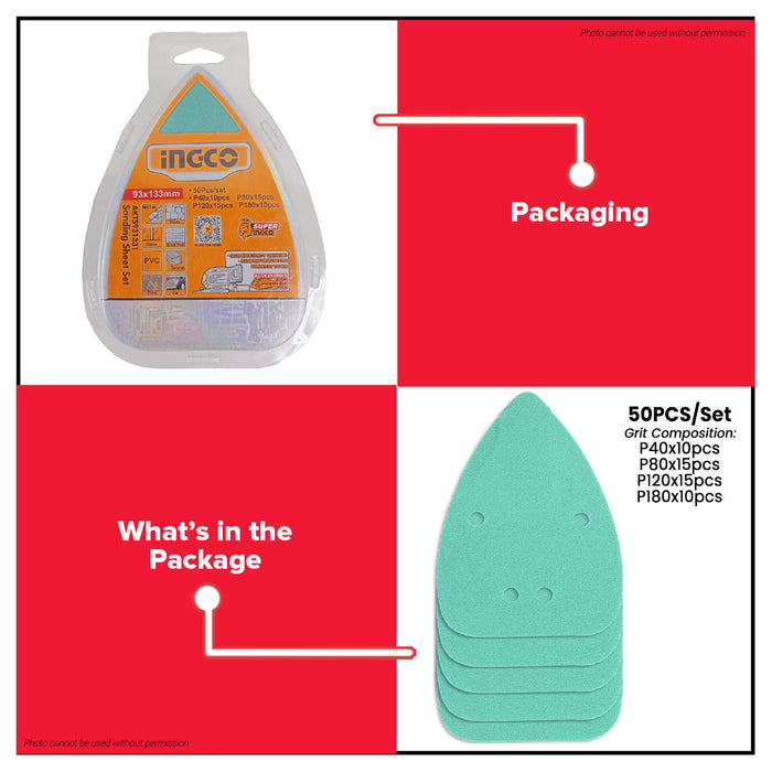 INGCO 50PCS/SET 93x133mm Sanding Sheets for Orbital Sander Assorted Grits (P40–P180) Sandpaper Pads for Wood Paint & Metal AKTS931331 - IHT
