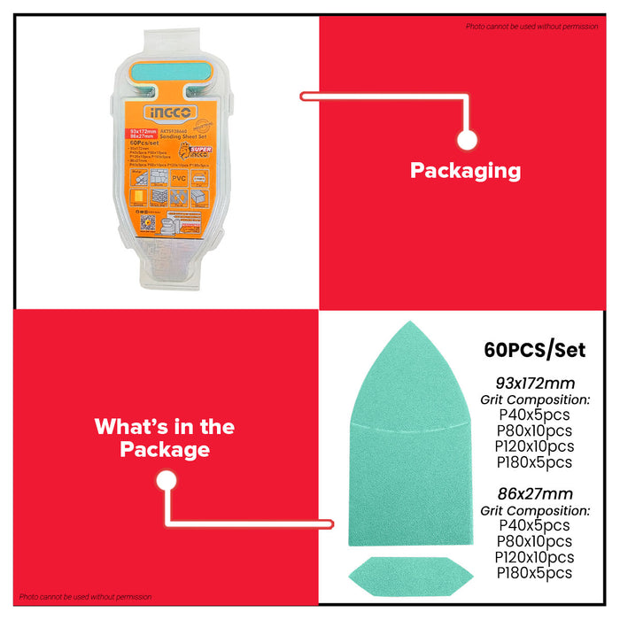 INGCO 60pcs Sanding Sheet Set For Detail & Mouse Sander Multi-Grit Sandpaper P40-P180 For Wood Paint & Metal AKTS938660 - IHT