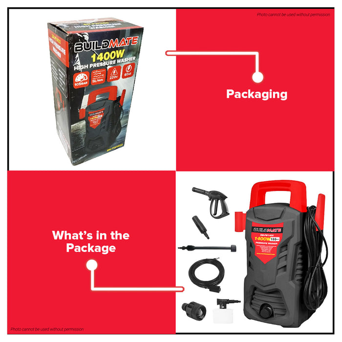 BUILDMATE Brand 1400W Portable Pressure Washer BM-PW1400 With Adjustable Max Pressure