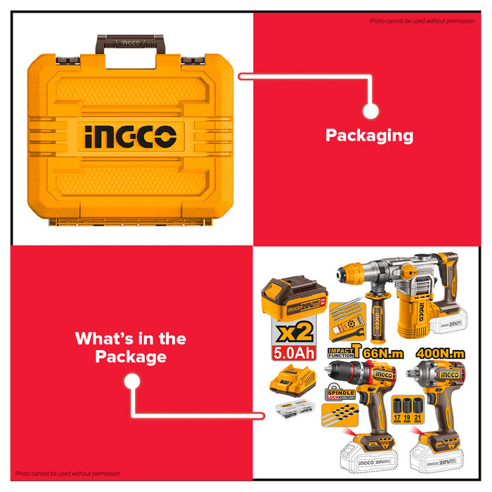 INGCO 3pcs 20V Brushless Cordless Power Tool Combo Kit with Rotary Hammer, Impact Wrench & Drill Driver Tool Set CKLI20638 - ICPT