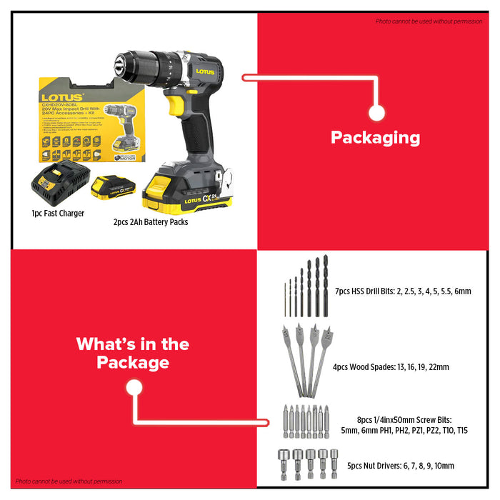 Buildmate x LOTUS 20V Cordless Impact Drill Brushless w/ Kit 50Nm CXHD20V-80BL/2 LPT