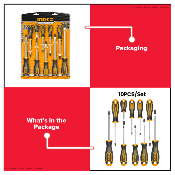 INGCO 10pcs Screwdriver Set Cr-V Magnetic Tip Flat & Phillips Hand Tool Kit For Home Car DIY Repair HKSD1028 - IHT