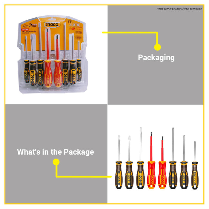 BUILDMATE Ingco 8pcs S2 Standard & Insulated Screwdriver Set Flathead Slotted / Crosshead Phillips Screw Driver Household Tool Repair Kit HKSDS0838 - IHT