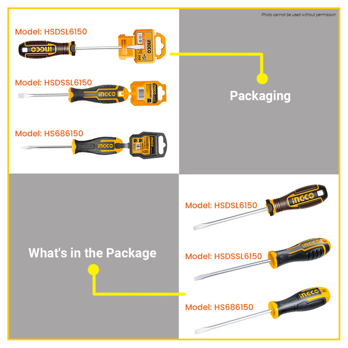 BUILDMATE Ingco Slotted Flat Screwdriver SL6.5x150mm S2 / Cr-V Flathead Round Shank Screw Driver Repair Hand Tools SOLD PER PIECE - IHT
