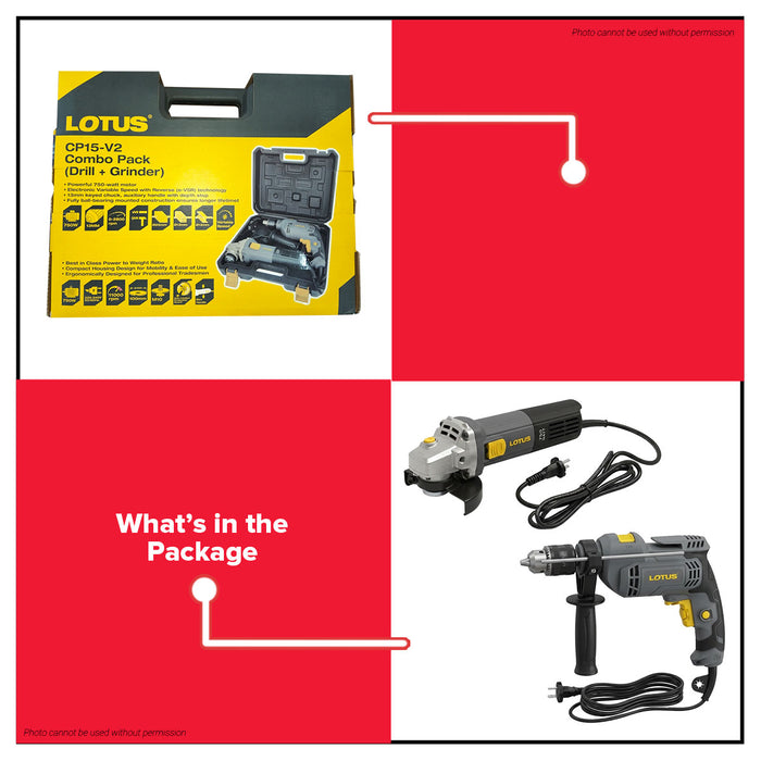 Buildmate x LOTUS COMBO PACK 750W Impact Drill + Angle Grinder 13mm 100mm CP15-V2 LPT